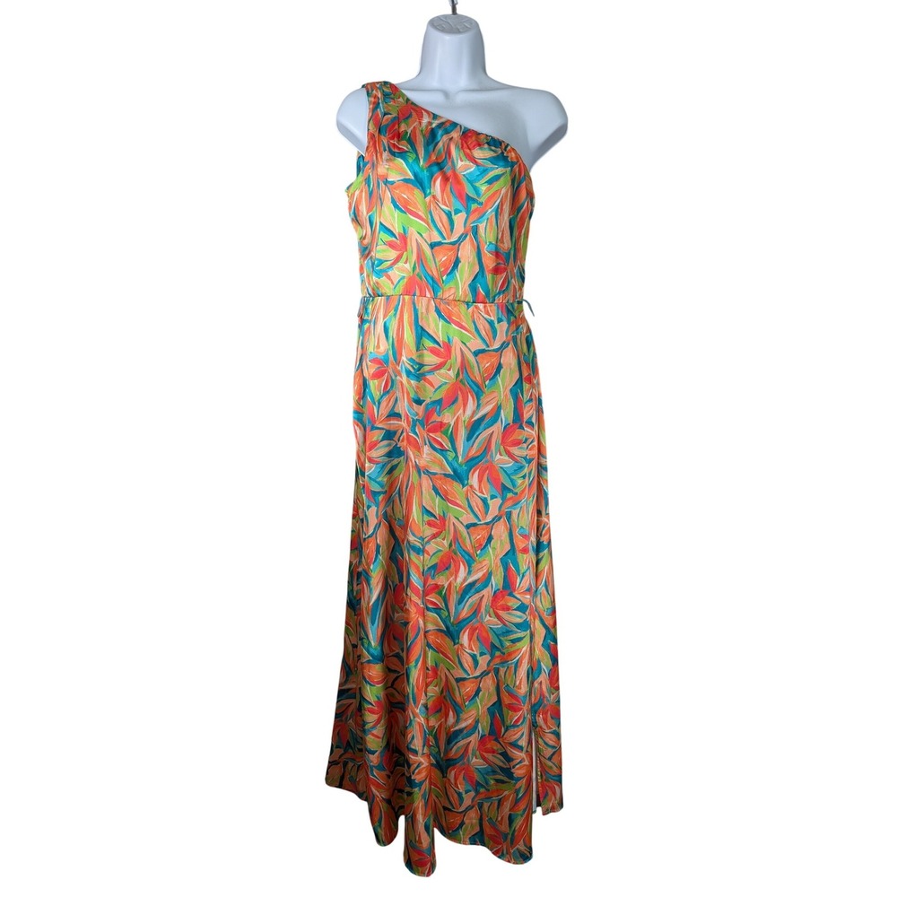 Nicole Miller  Maxi Dress Womens 4 Tropical Floral Orange Teal One Shoulder